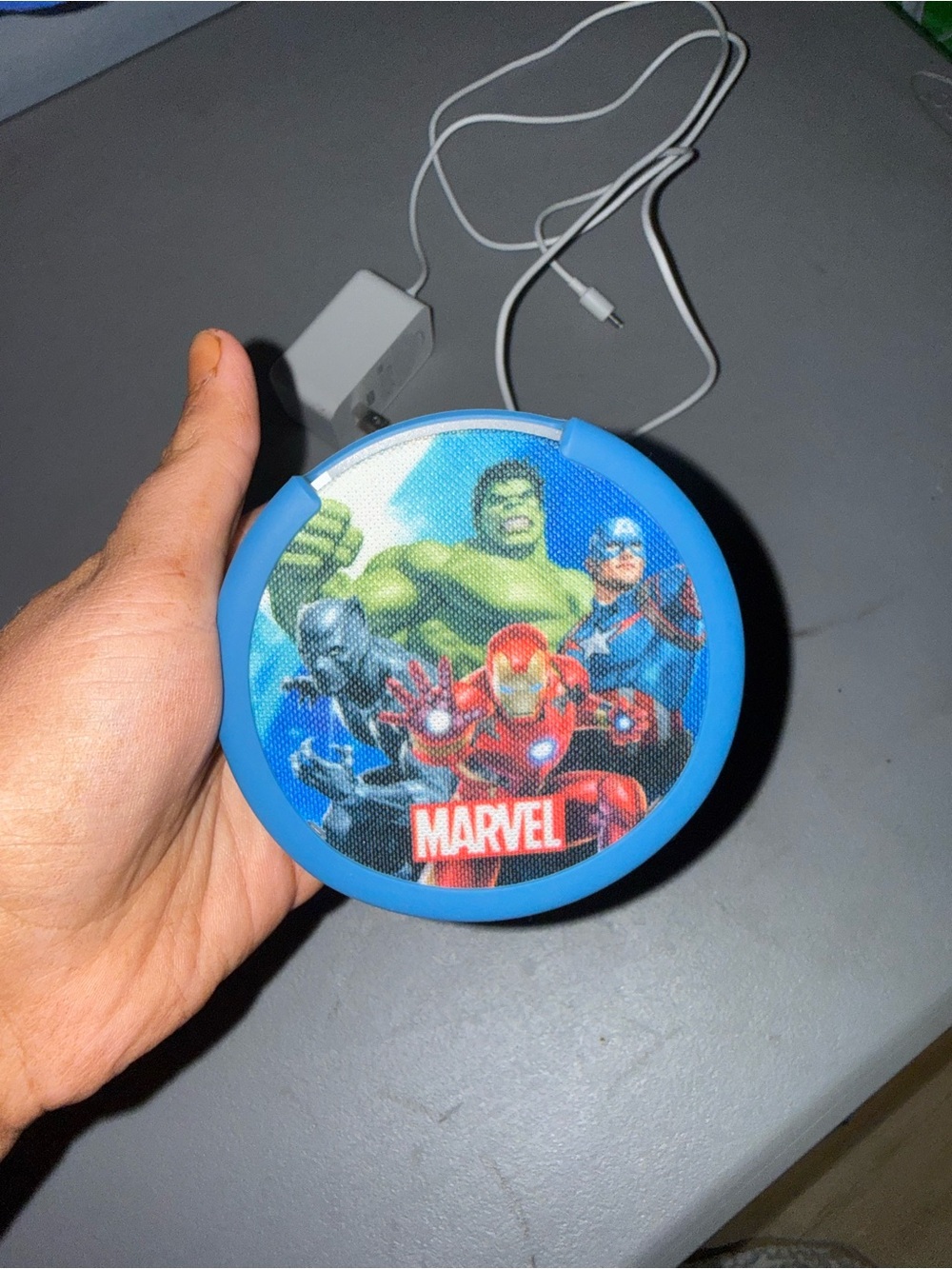 Marvel Round Wireless Speaker with Blue Trim and Superhero Graphic